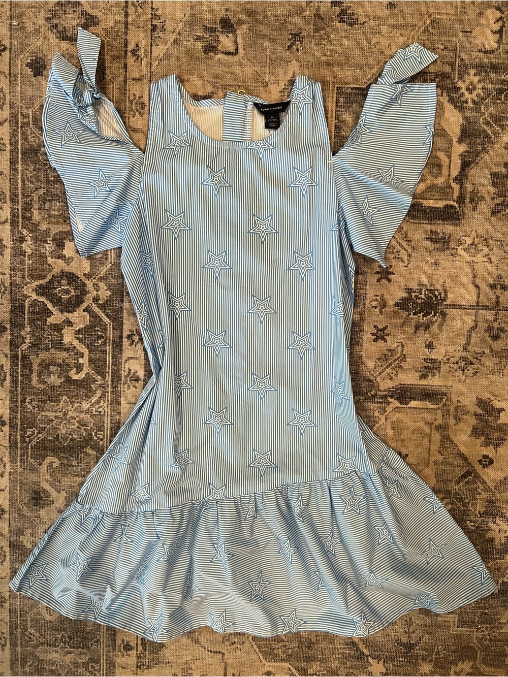Tommy Hilfiger Light Blue and White Star-Print Ruffle Dress
